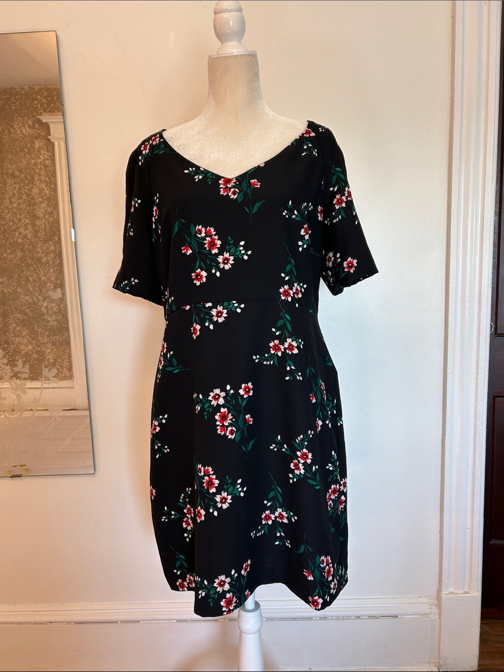 Draper James Black Midi Dress with Red & White Floral Print